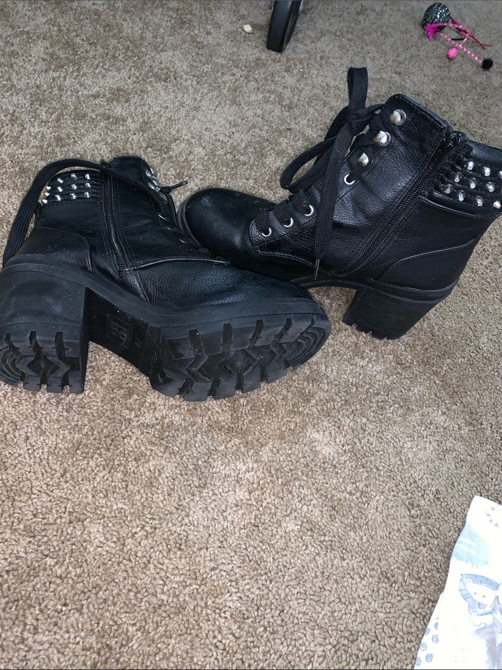 No Boundaries Black Studded Lace-Up Chunky Heel Ankle Boots